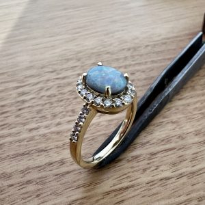 18K Yellow Gold Solid Semi-Black Opal & Diamond Ring