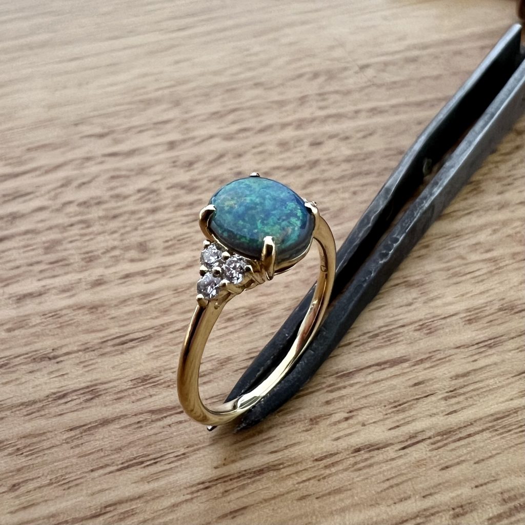 18K Yellow Gold Solid Black Opal & Diamond Ring