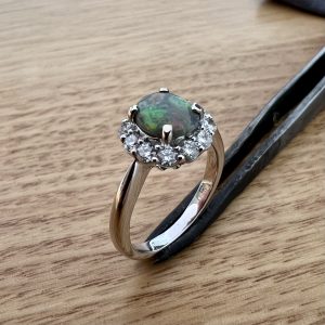 18K White Gold Solid Semi-Black Opal & Diamond Halo Ring