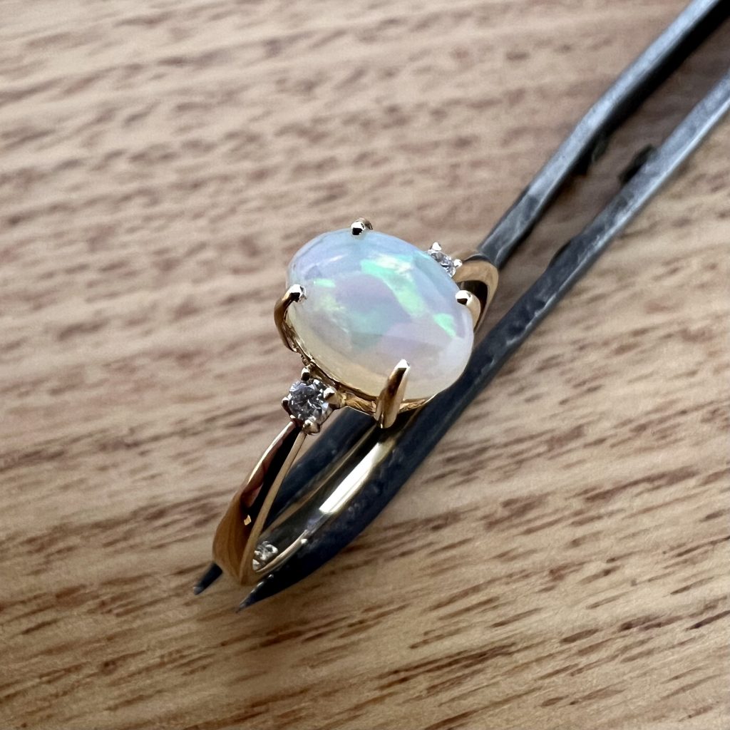 14K Yellow Gold Solid Crystal Opal & Diamond Ring