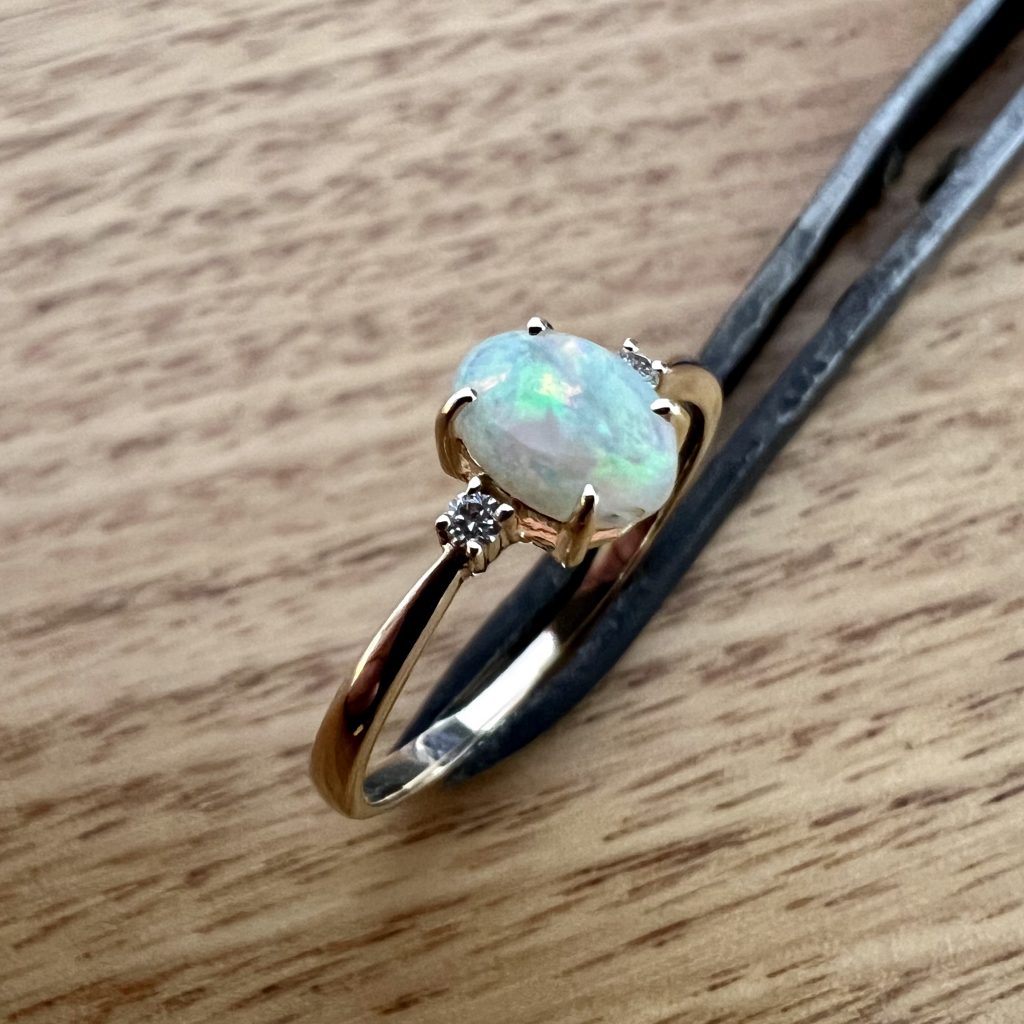 14K Yellow Gold Solid Crystal Opal & Diamond Ring