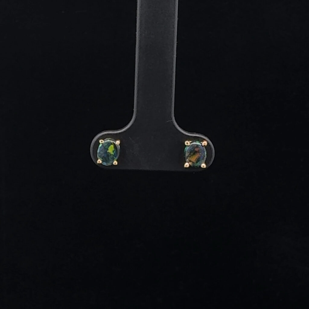 18K Yellow Gold Solid Black Opal Stud Earrings 27123