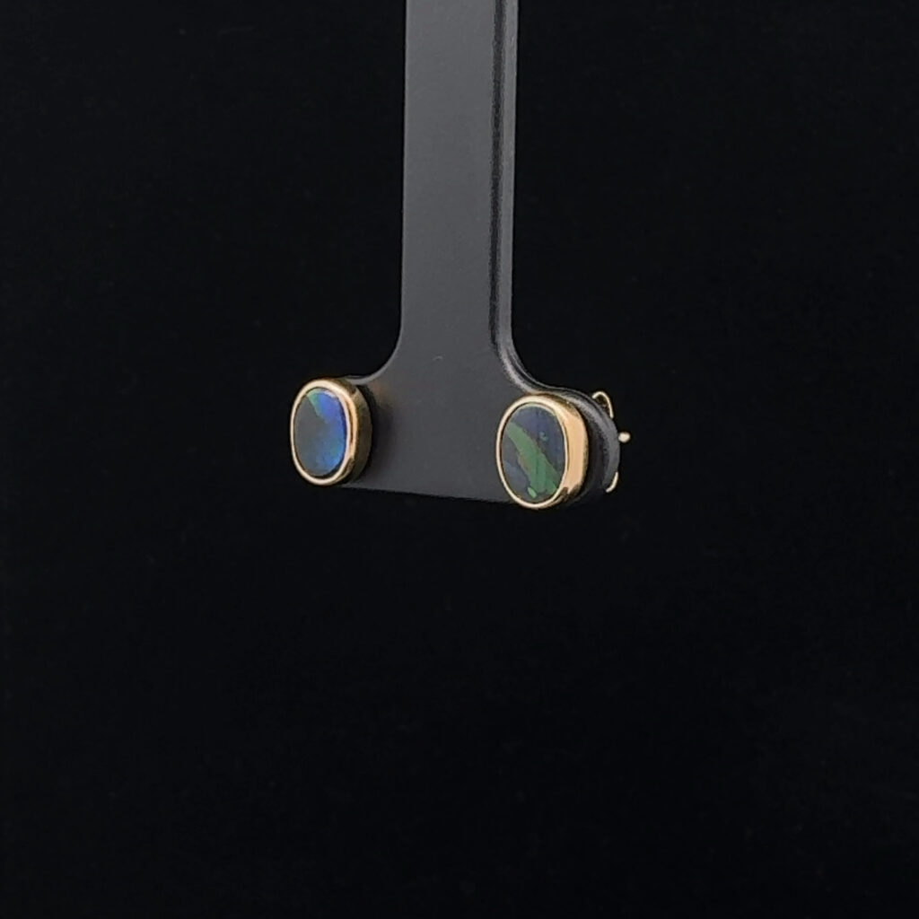 18K Yellow Gold Solid Black Opal Stud Earrings 27132