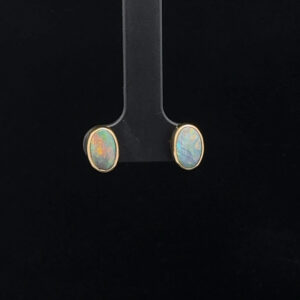 18K Yellow Gold Solid Semi-Black Opal Stud Earrings 27140