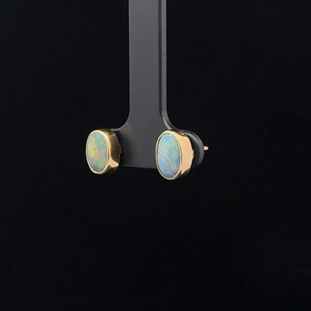 18K Yellow Gold Solid Semi-Black Opal Stud Earrings 27140