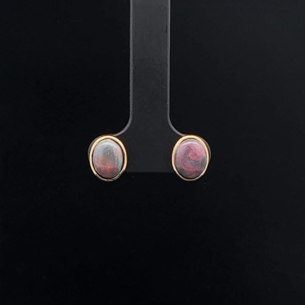 18K Yellow Gold Solid Black Opal Stud Earrings 27150