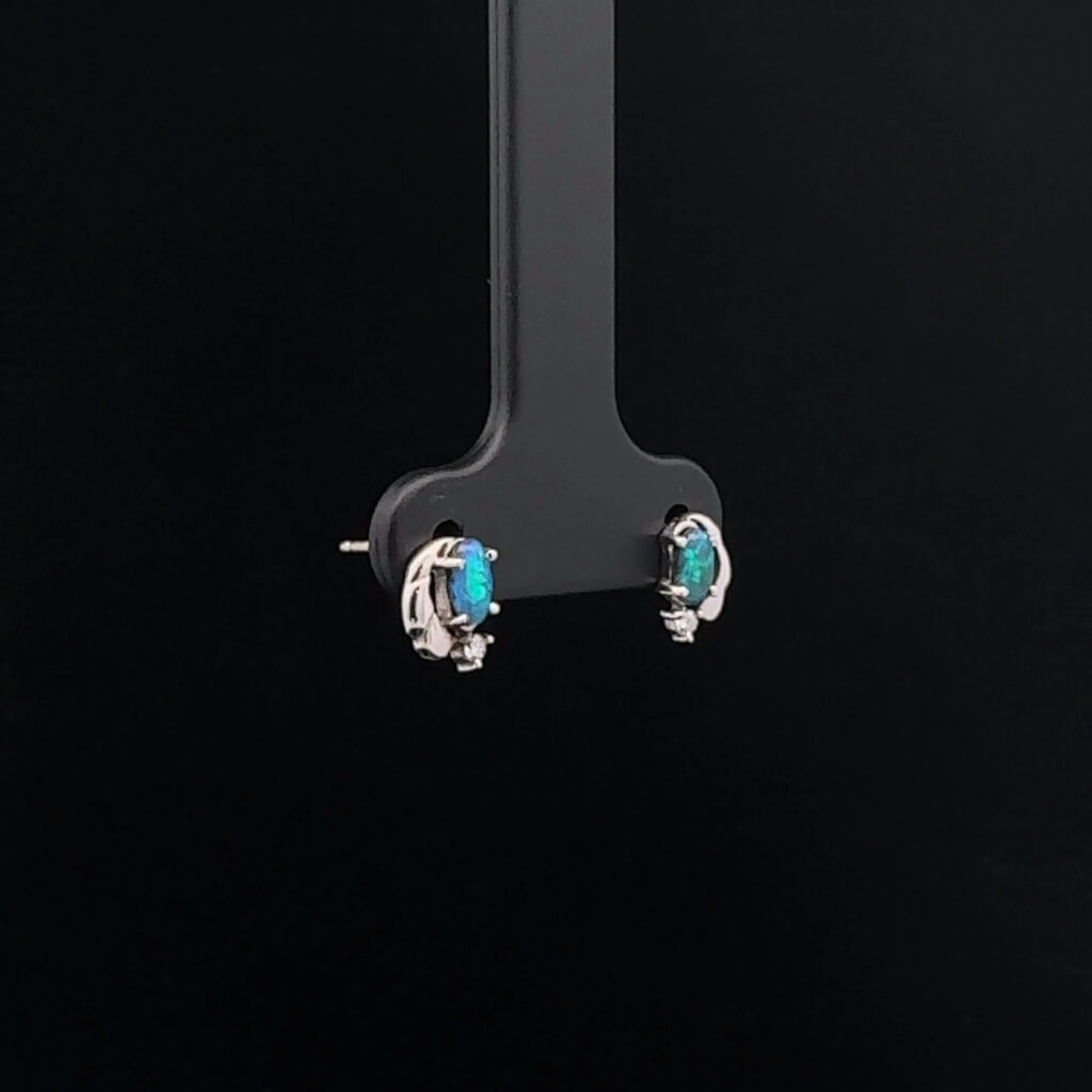 9K White Gold solid Black Opal & Diamond Stud Earrings 27191