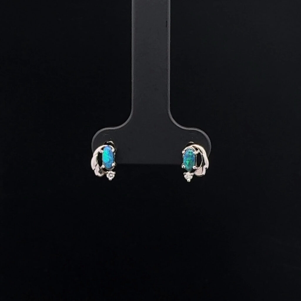 9K White Gold solid Black Opal & Diamond Stud Earrings 27191