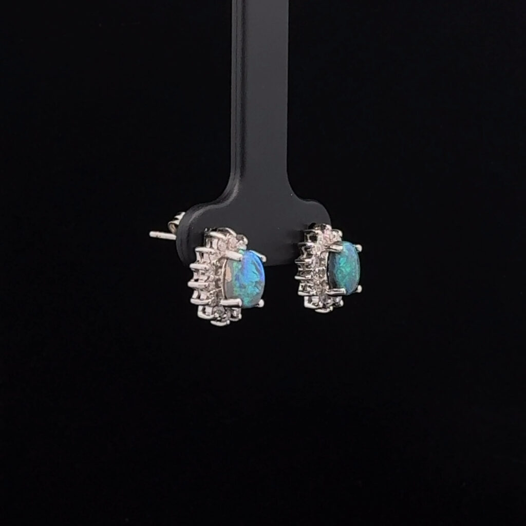 18K White Gold Solid Black Opal & Diamond Halo Stud Earrings 27217