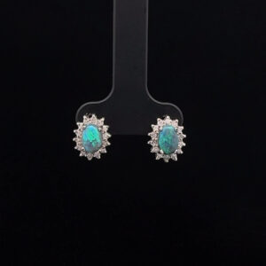 18K White Gold Solid Black Opal & Diamond Halo Stud Earrings 27217