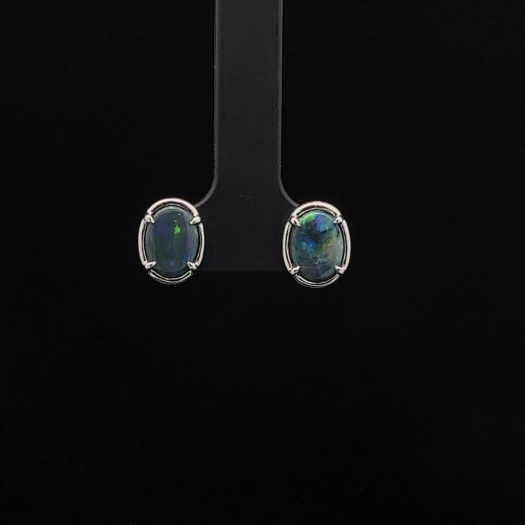 18K White Gold Solid Black Opal Stud Earrings 27218