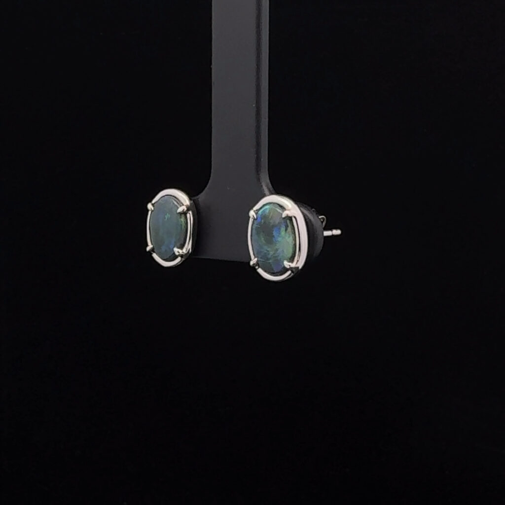 18K White Gold Solid Black Opal Stud Earrings 27218