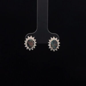 18K White Gold Solid Black Opal & Diamond Halo Stud Earrings 27228