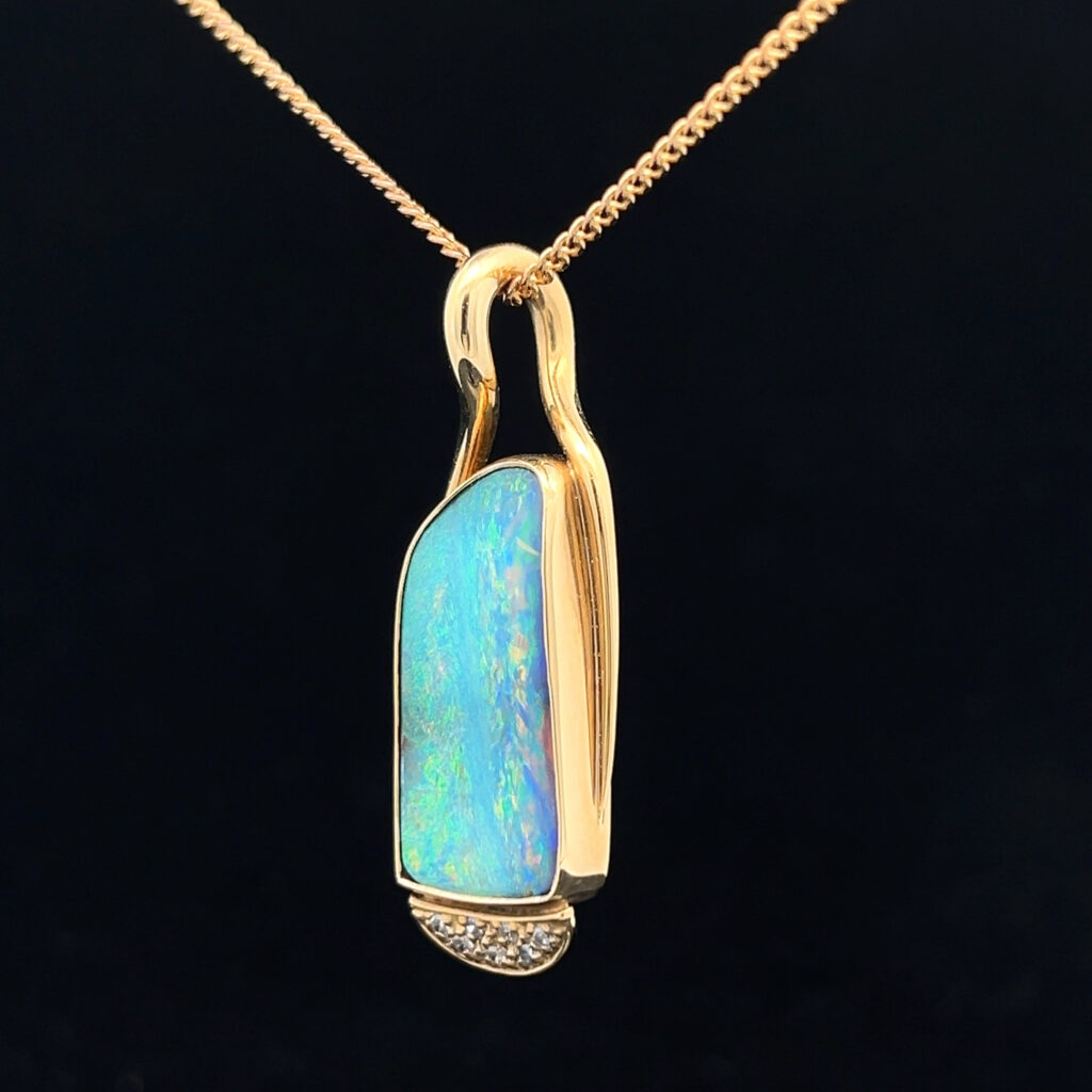 18K Yellow Gold Solid Boulder Opal & Diamond Pendant 27739