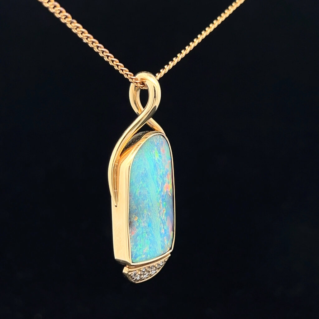 18K Yellow Gold Solid Boulder Opal & Diamond Pendant 27739