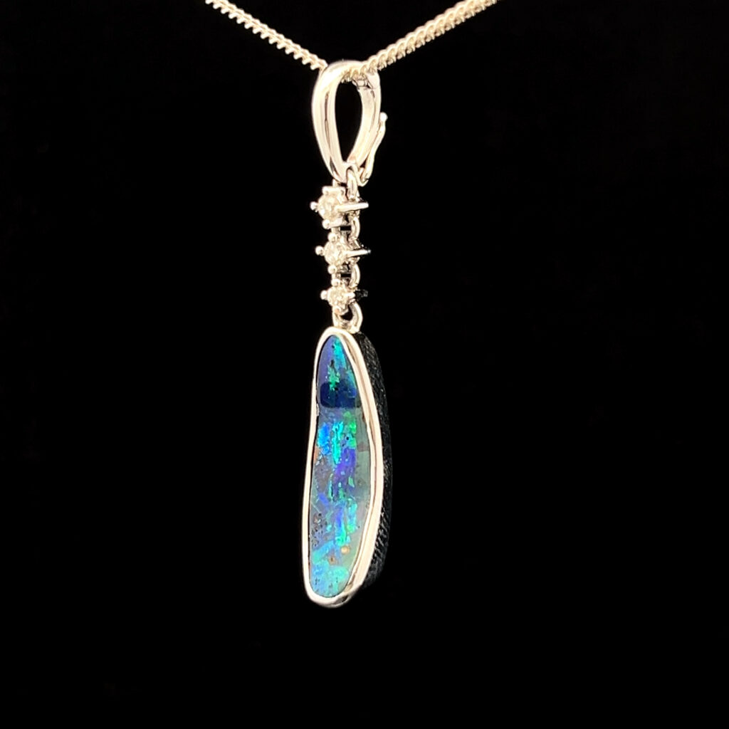 18K White Gold Solid Boulder Opal & Diamond Enhancer Pendant 27794