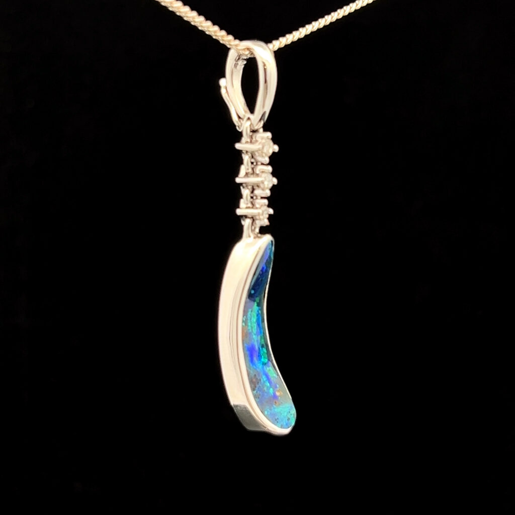 18K White Gold Solid Boulder Opal & Diamond Enhancer Pendant 27794