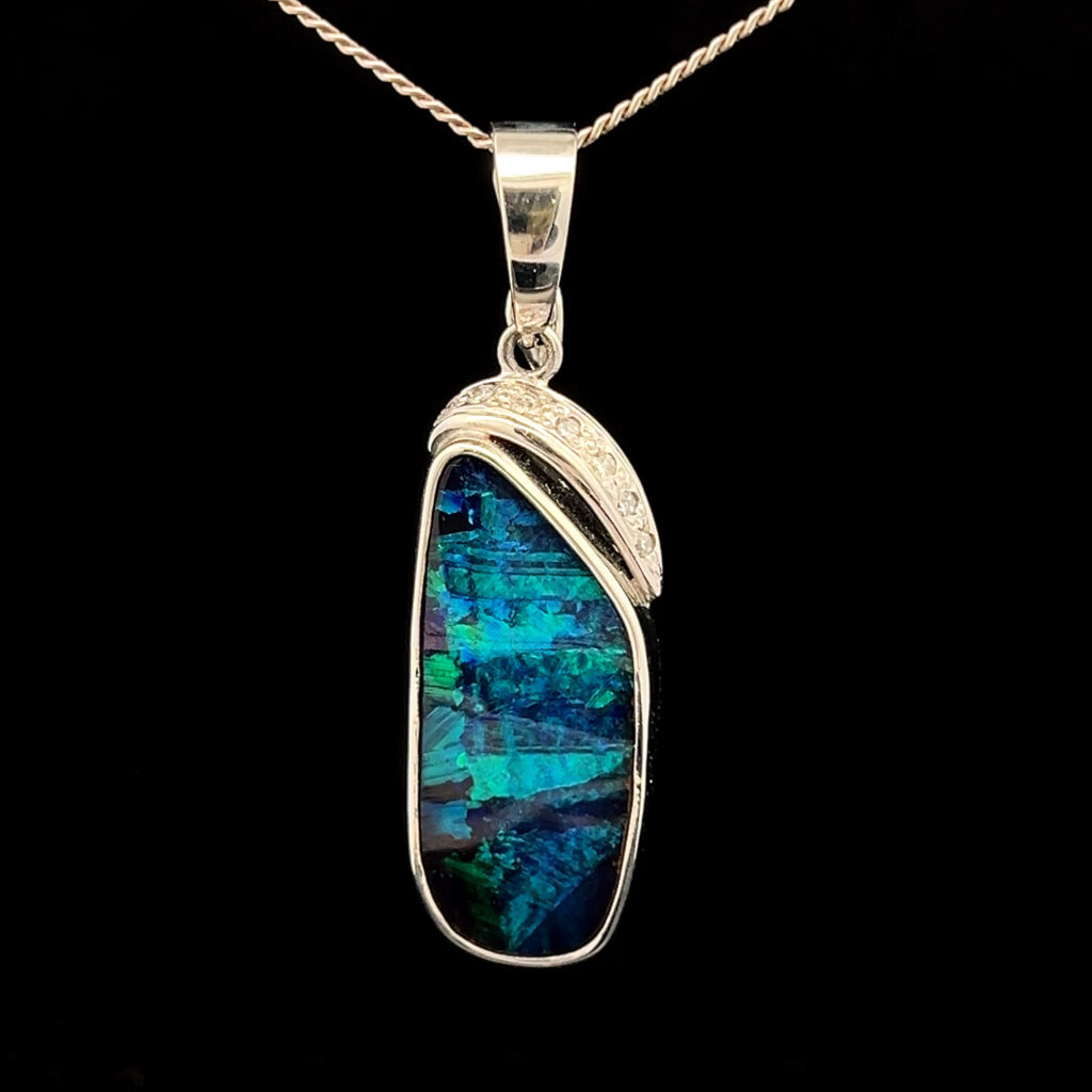 18K White Gold Solid Boulder Opal & Diamond Enhancer Pendant 27806