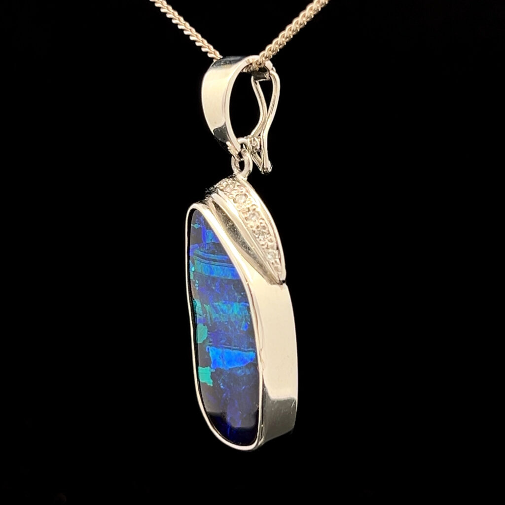 18K White Gold Solid Boulder Opal & Diamond Enhancer Pendant 27806