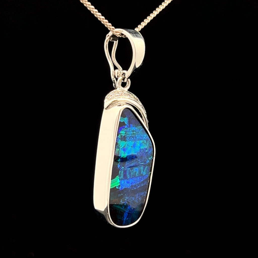 18K White Gold Solid Boulder Opal & Diamond Enhancer Pendant 27806