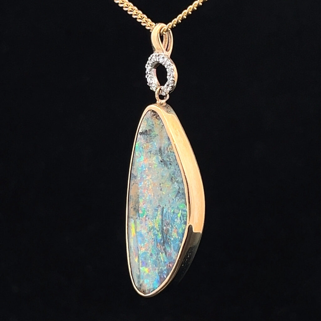 9K Yellow Gold Solid Boulder Opal & Diamond Pendant 27883