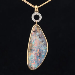 9K Yellow Gold Solid Boulder Opal & Diamond Pendant 27883