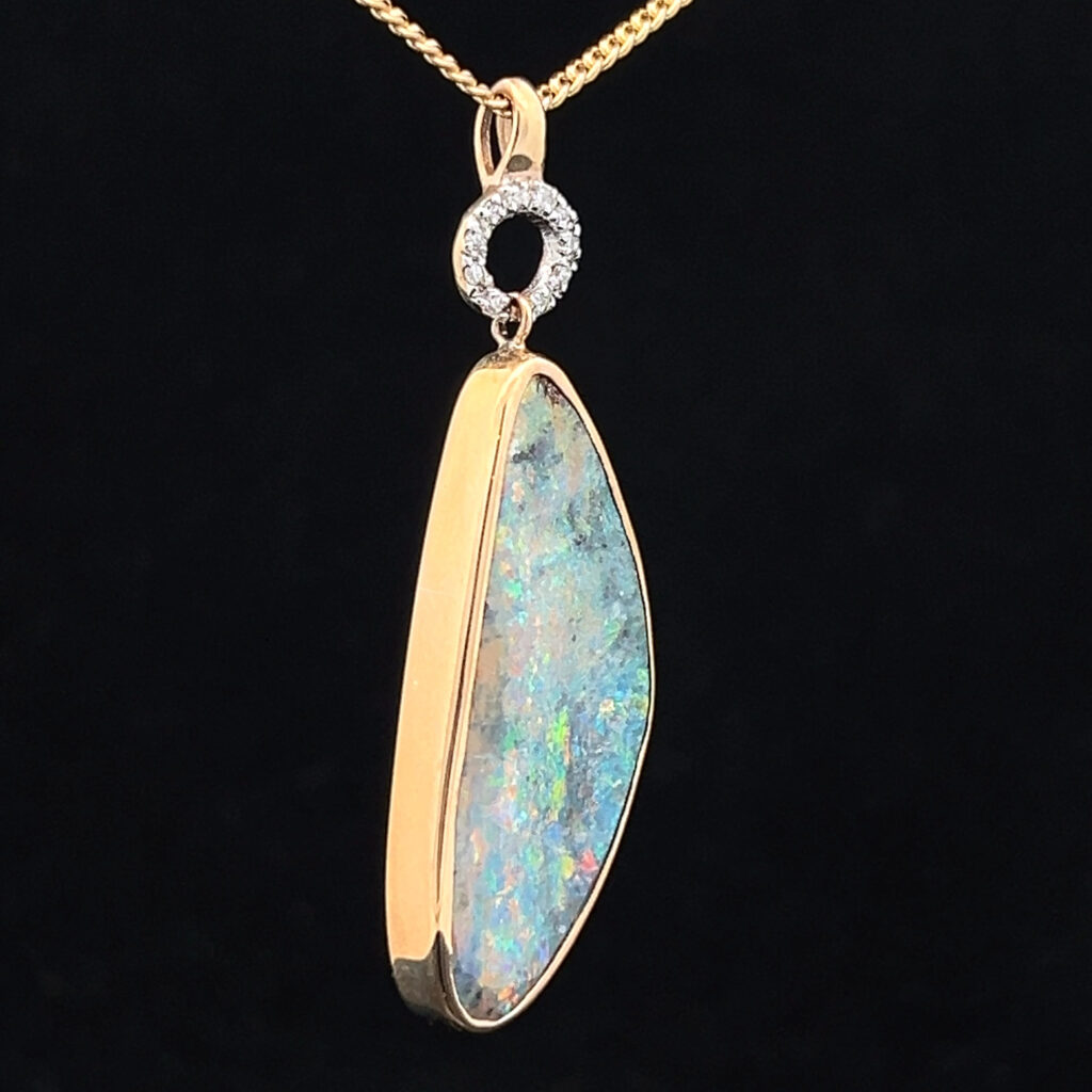 9K Yellow Gold Solid Boulder Opal & Diamond Pendant 27883