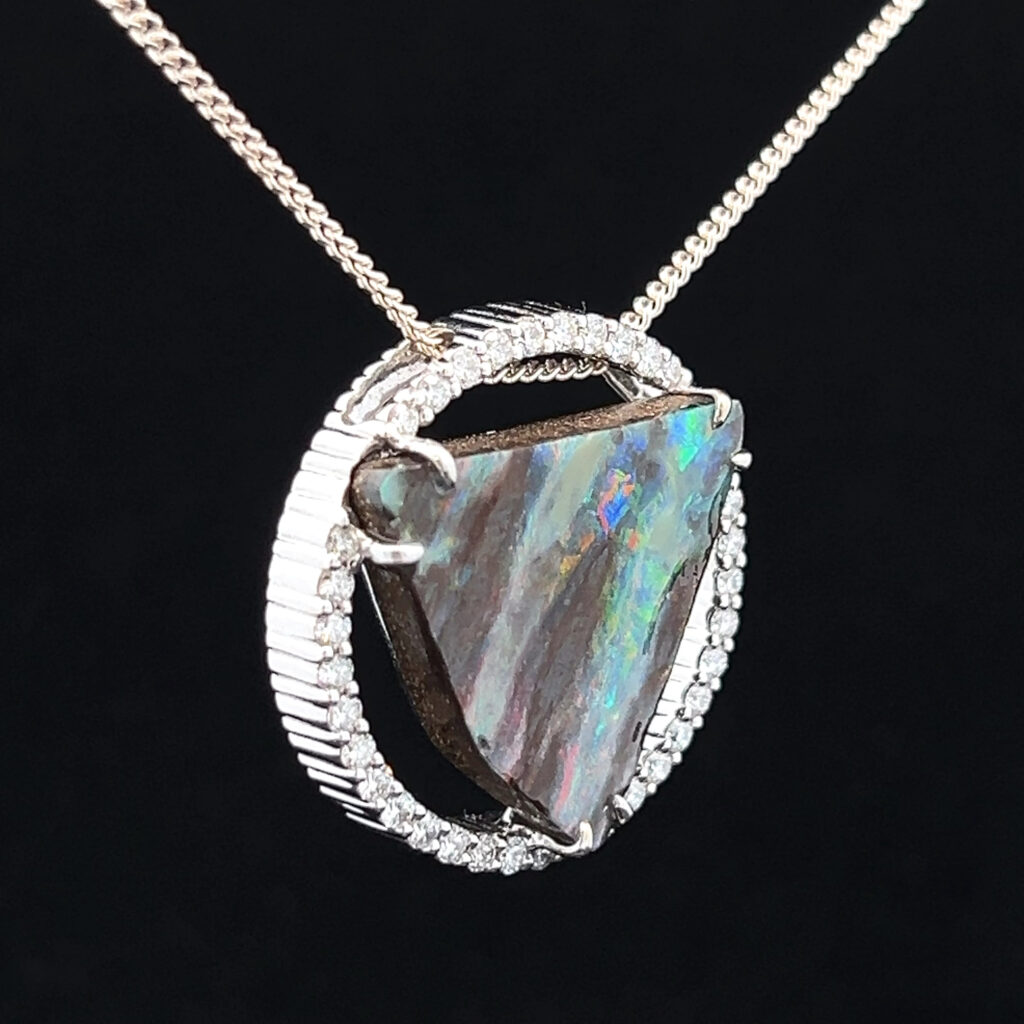 18K White Gold Solid Boulder Opal & Diamond Slider Pendant 27891