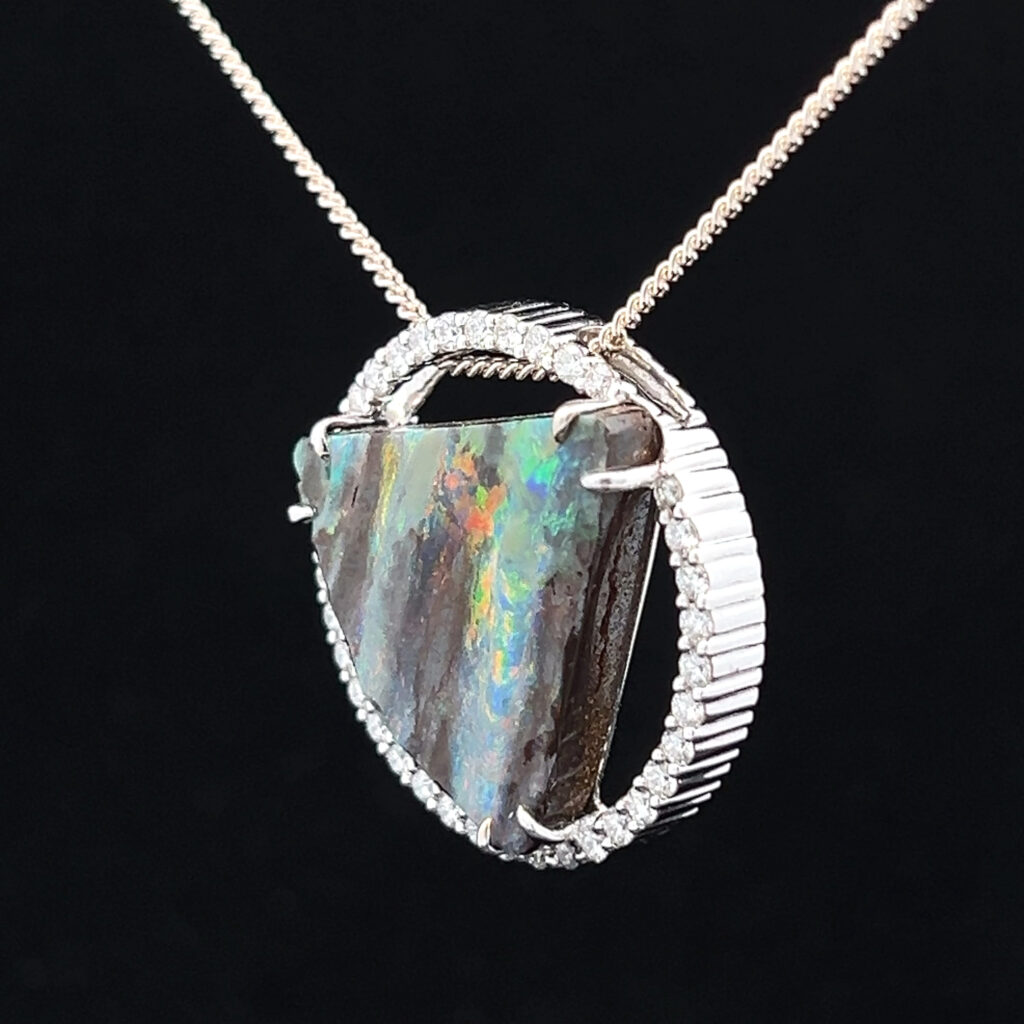 18K White Gold Solid Boulder Opal & Diamond Slider Pendant 27891