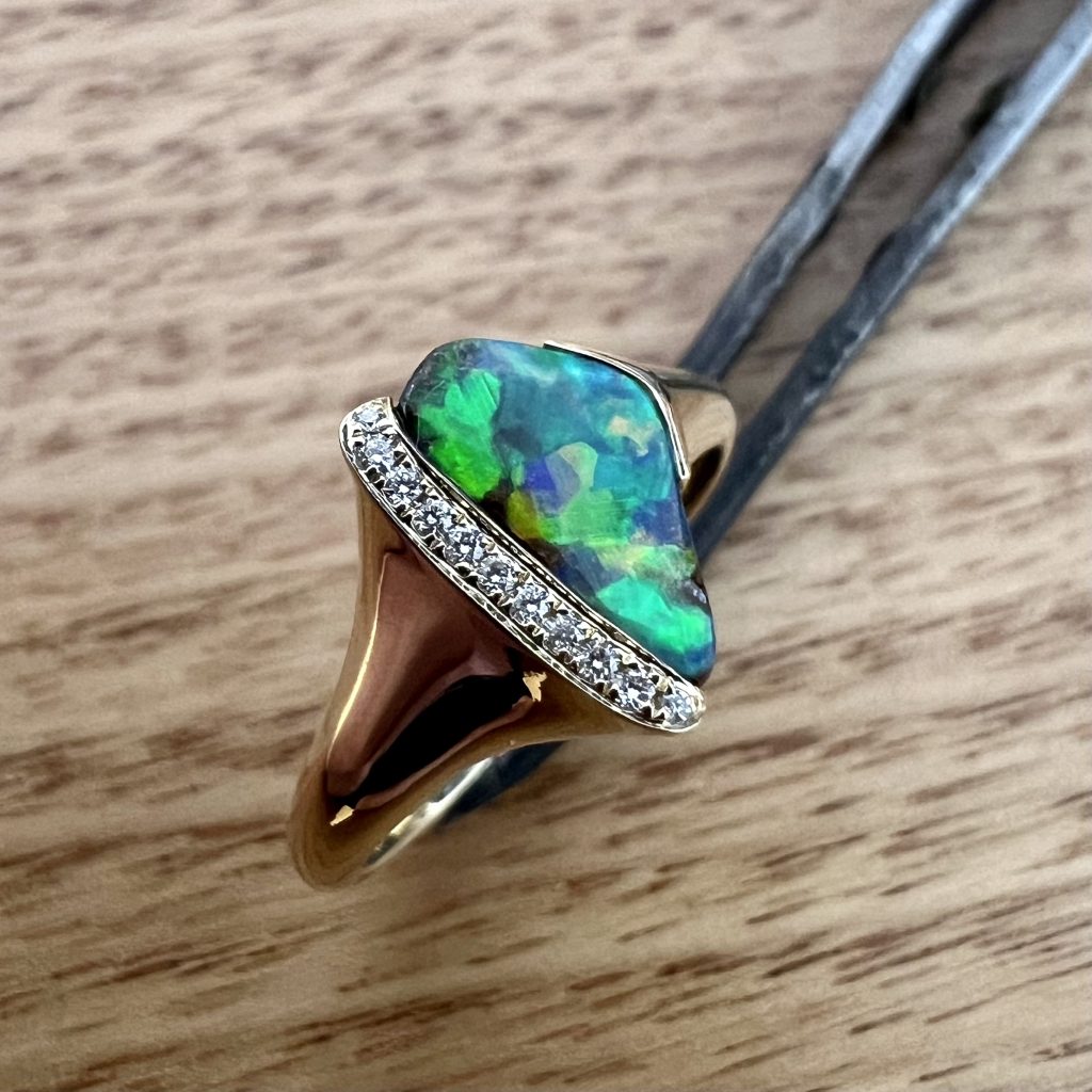 18K Yellow Gold Solid Boulder Opal & Diamond Ring