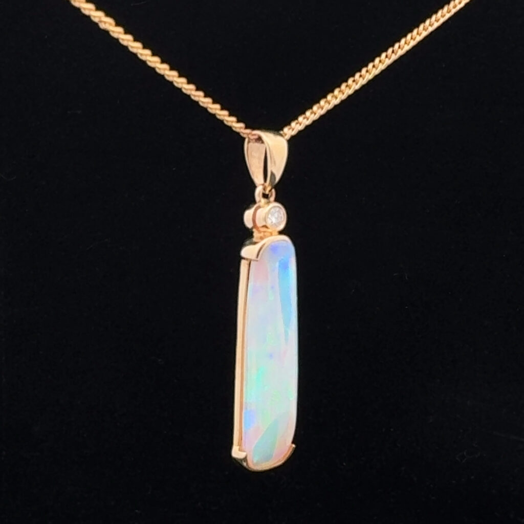 14K Yellow Gold Solid Crystal Opal & Diamond Pendant 30339