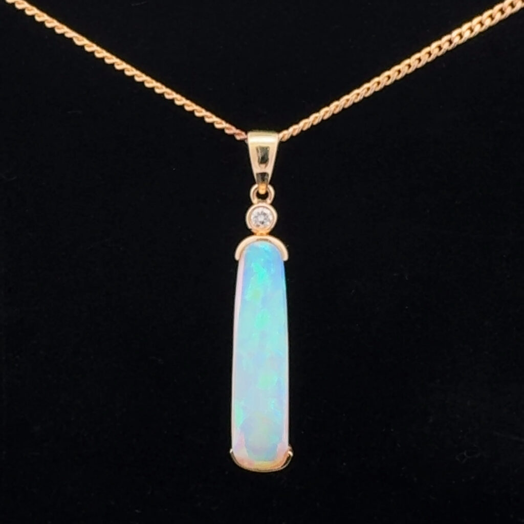 14K Yellow Gold Solid Crystal Opal & Diamond Pendant 30339