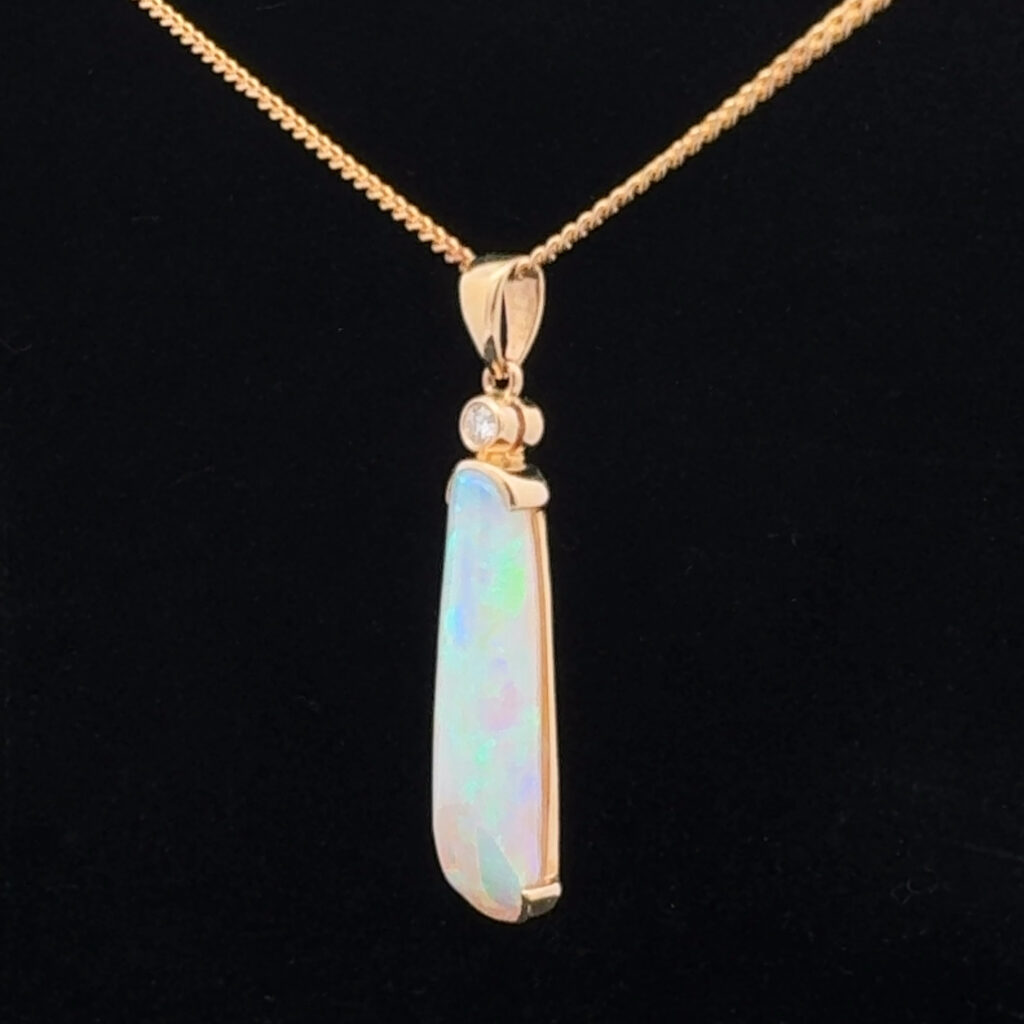 14K Yellow Gold Solid Crystal Opal & Diamond Pendant 30339