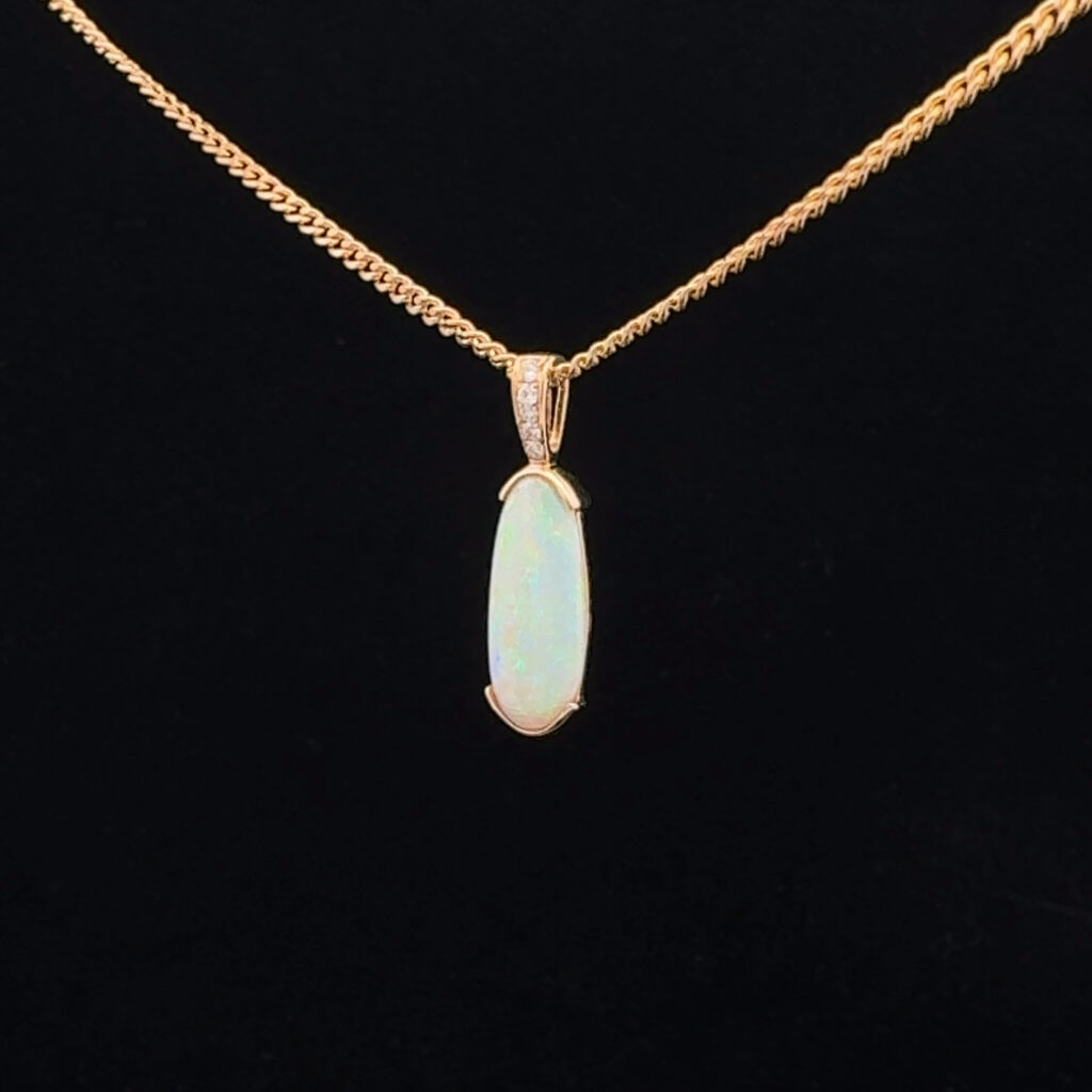 14K Yellow Gold Solid Crystal Opal & Diamond Pendant 30844