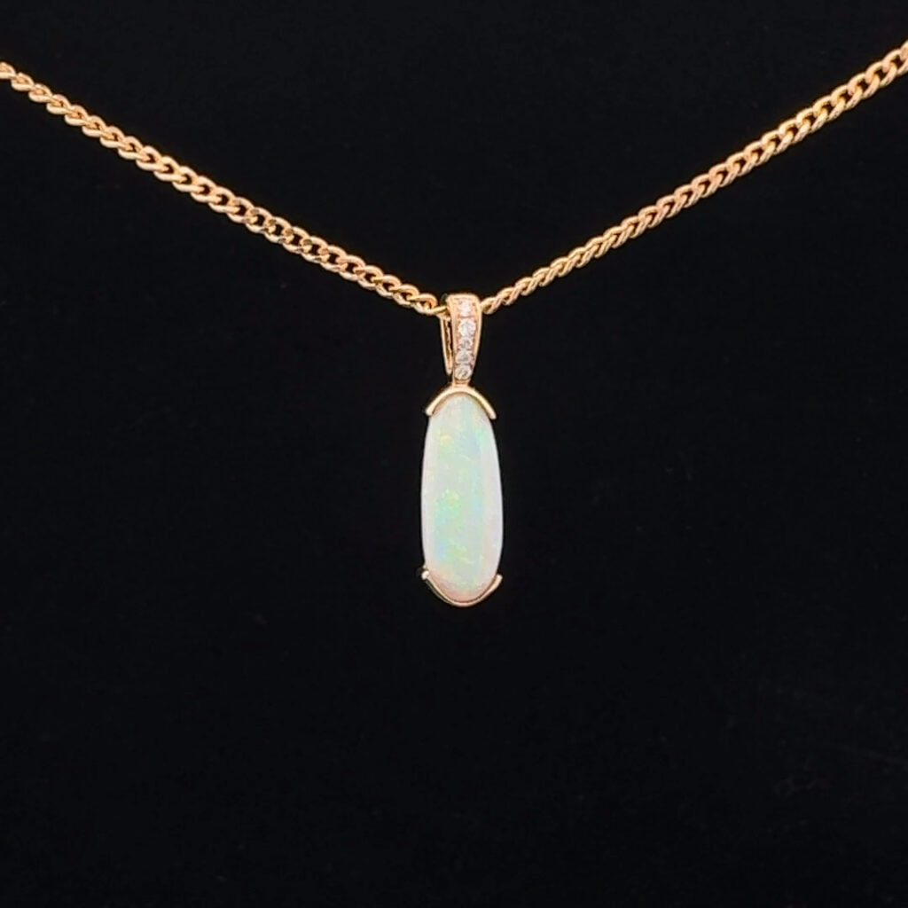 14K Yellow Gold Solid Crystal Opal & Diamond Pendant 30844