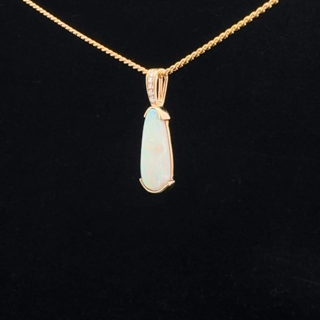 14K Yellow Gold Solid Crystal Opal & Diamond Pendant 30848