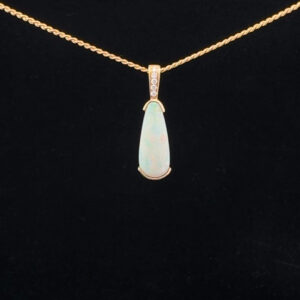 14K Yellow Gold Solid Crystal Opal & Diamond Pendant 30848