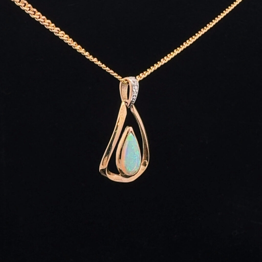 9K Yellow Gold Solid Crystal Opal & Diamond Pendant 30874