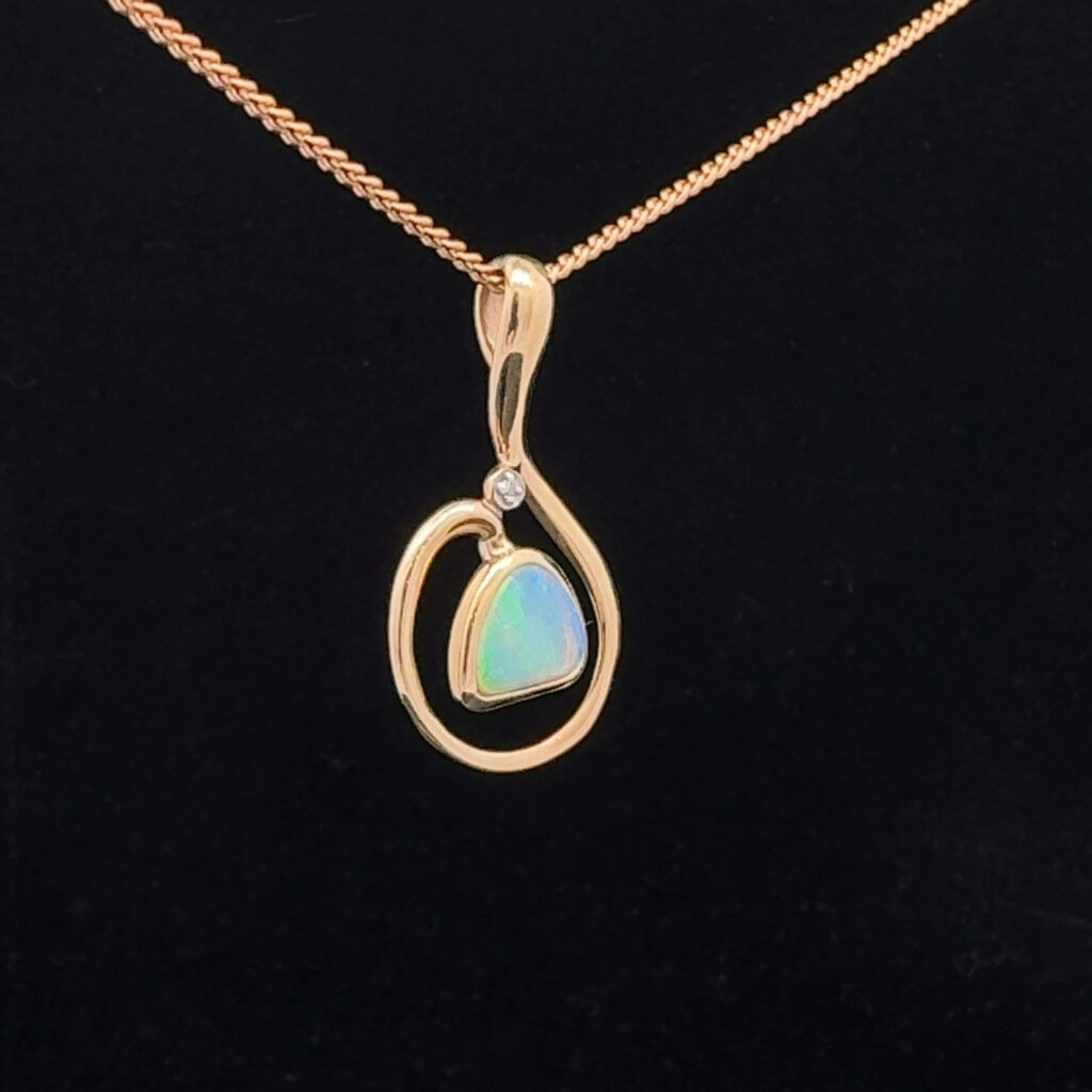 9K Yellow Gold Solid Crystal Opal & Diamond Pendant 30929