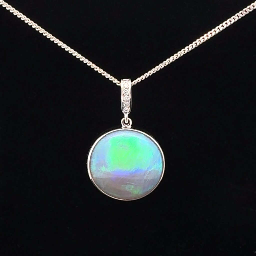 18K White Gold Solid Crystal Opal & Diamond Pendant 31059