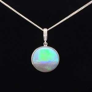 18K White Gold Solid Crystal Opal & Diamond Pendant 31059