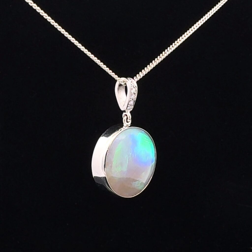 18K White Gold Solid Crystal Opal & Diamond Pendant 31059