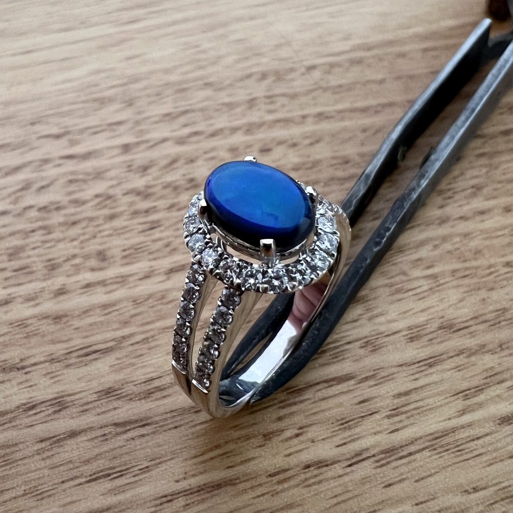 18K White Gold Solid Black Opal & Diamond Ring