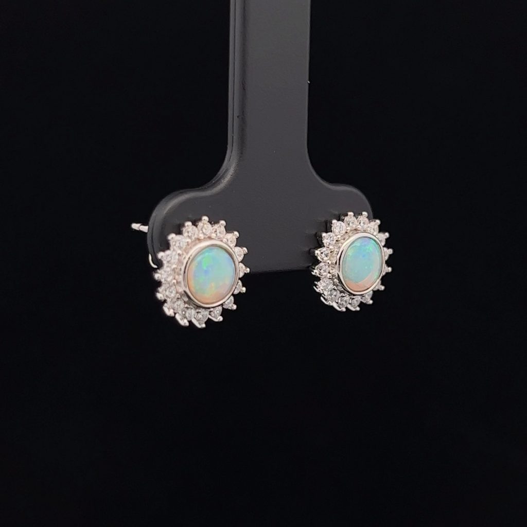 Sterling Silver Solid Crystal Opal & Cubic Zirconia Stud Earrings 34484