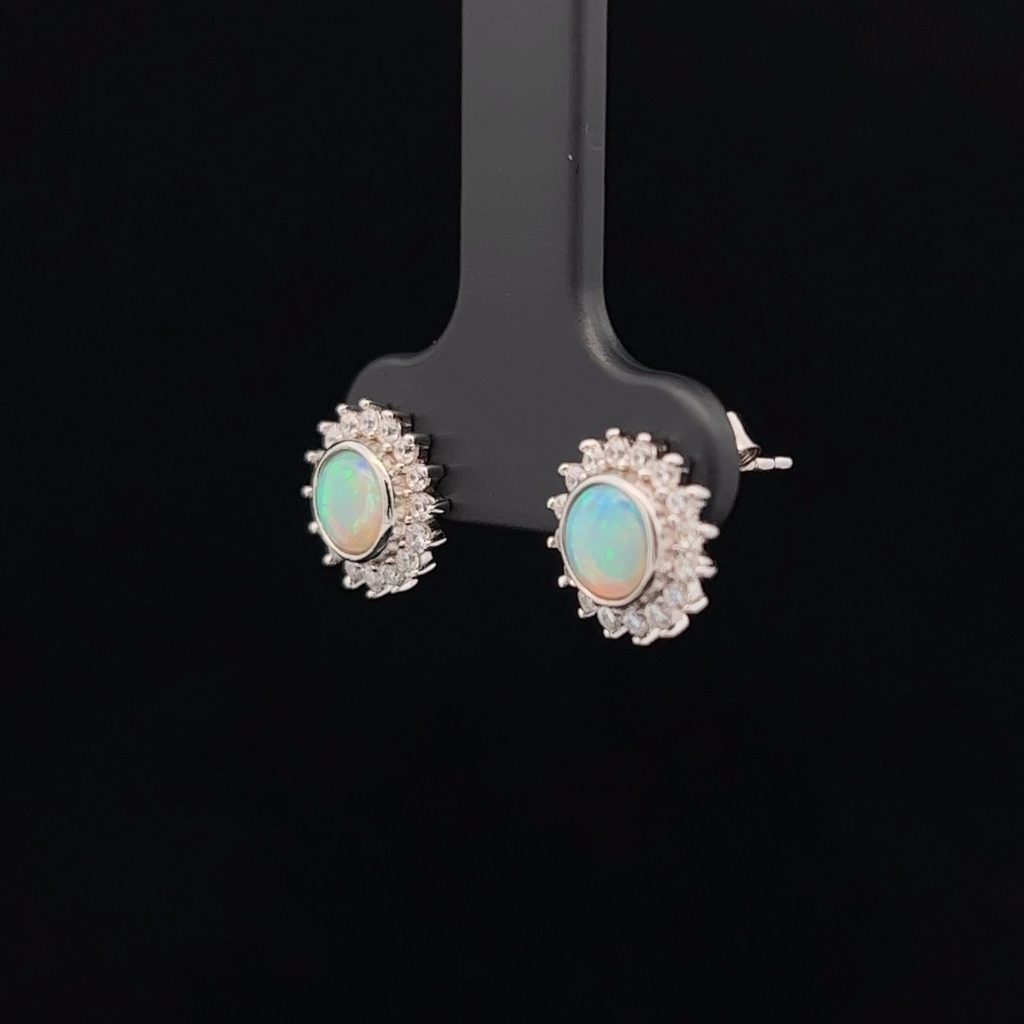 Sterling Silver Solid Crystal Opal & Cubic Zirconia Stud Earrings 34484