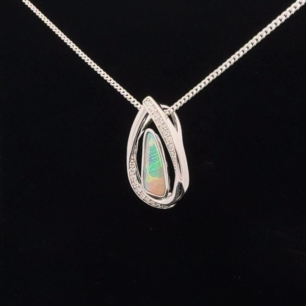 Sterling Silver Solid Crystal Opal & Cubic Zirconia Slider Pendant 40234