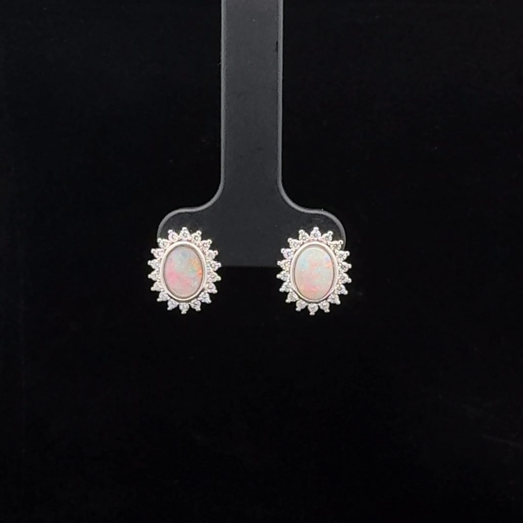 Sterling Silver Solid Light Opal & Cubic Zirconia Stud Earrings