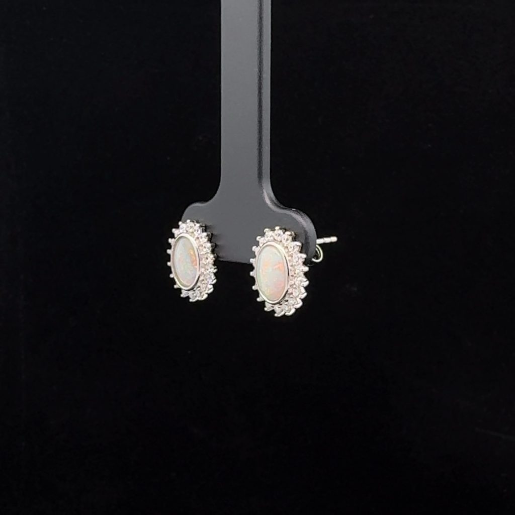 Sterling Silver Solid Light Opal & Cubic Zirconia Stud Earrings