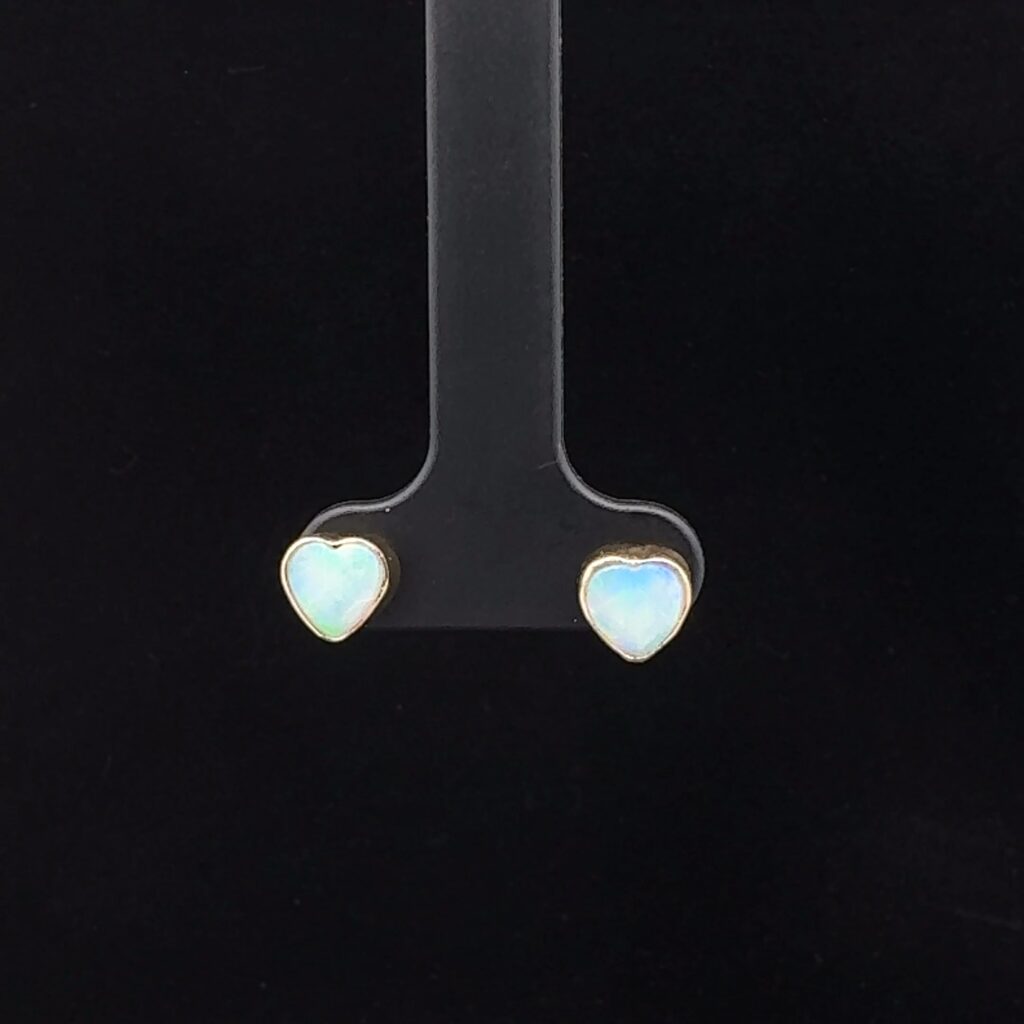 14K Yellow Gold Solid heart-shaped Crystal Opal Stud Earrings