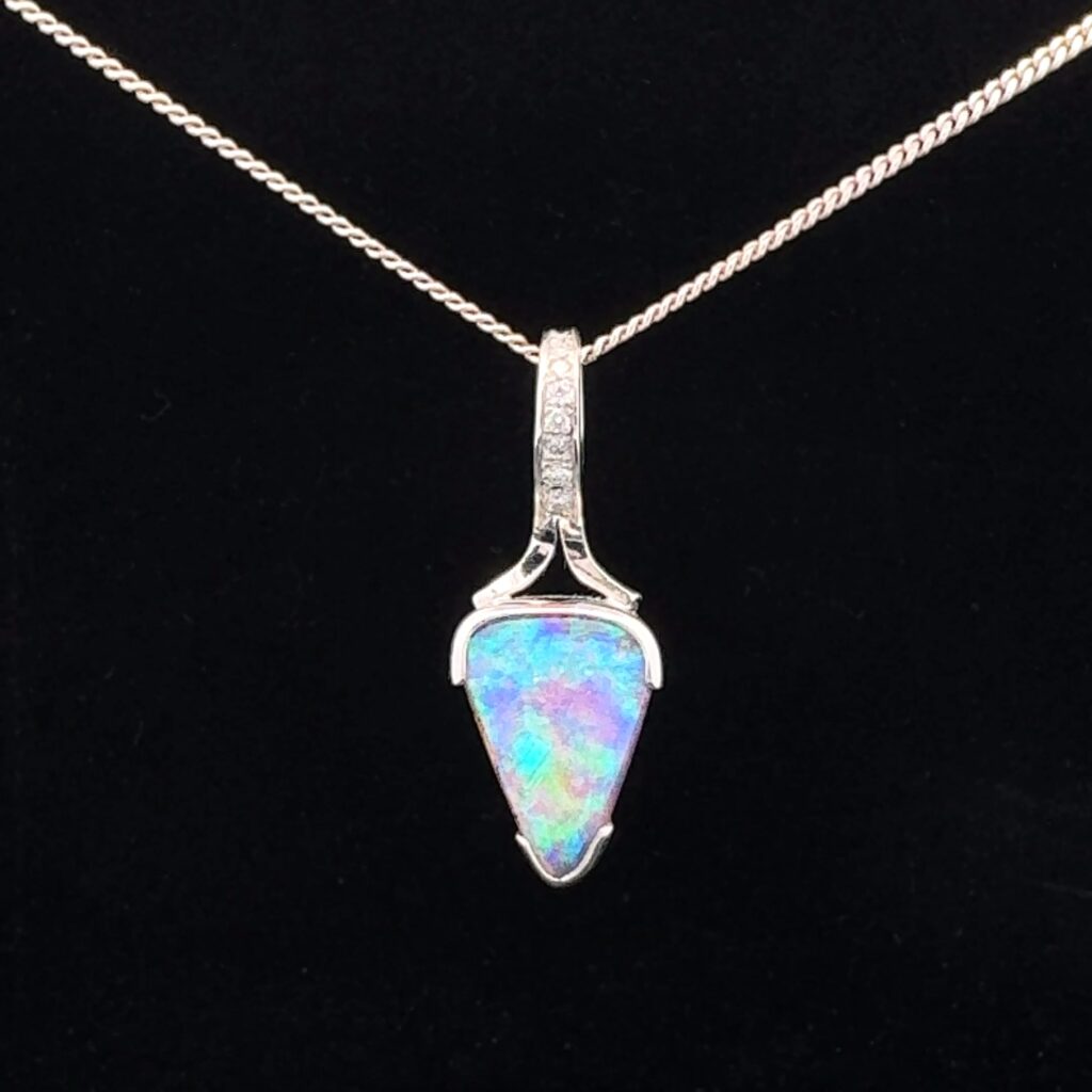 'Ocean Floor' - 18K White Gold Solid Crystal Boulder Opal & Diamond Pendant